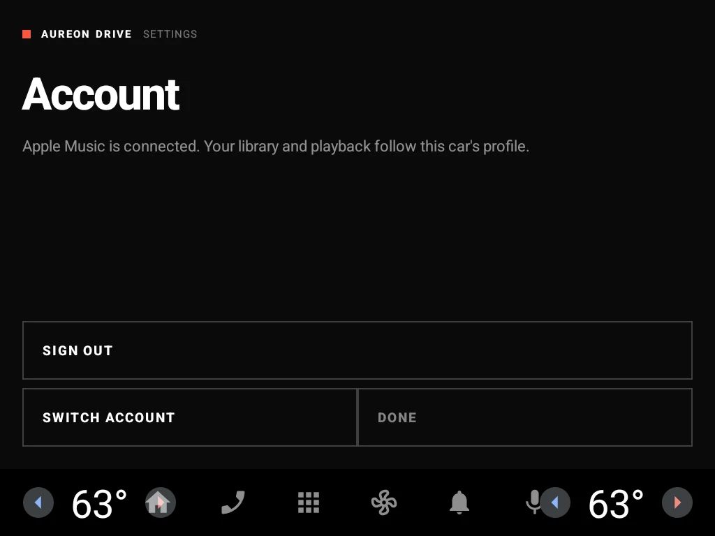 Aureon Drive's account settings with Sign out, Switch account and Done buttons