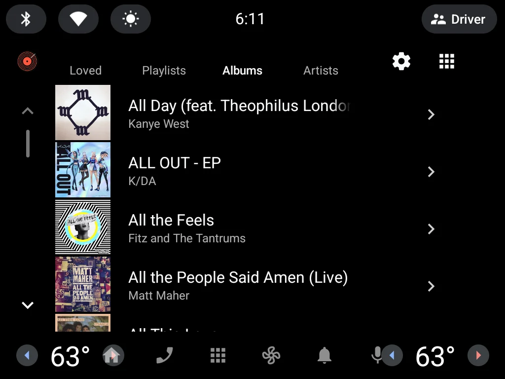 Aureon Drive in a car's media player, showing the Albums tab of an Apple Music library with album artwork