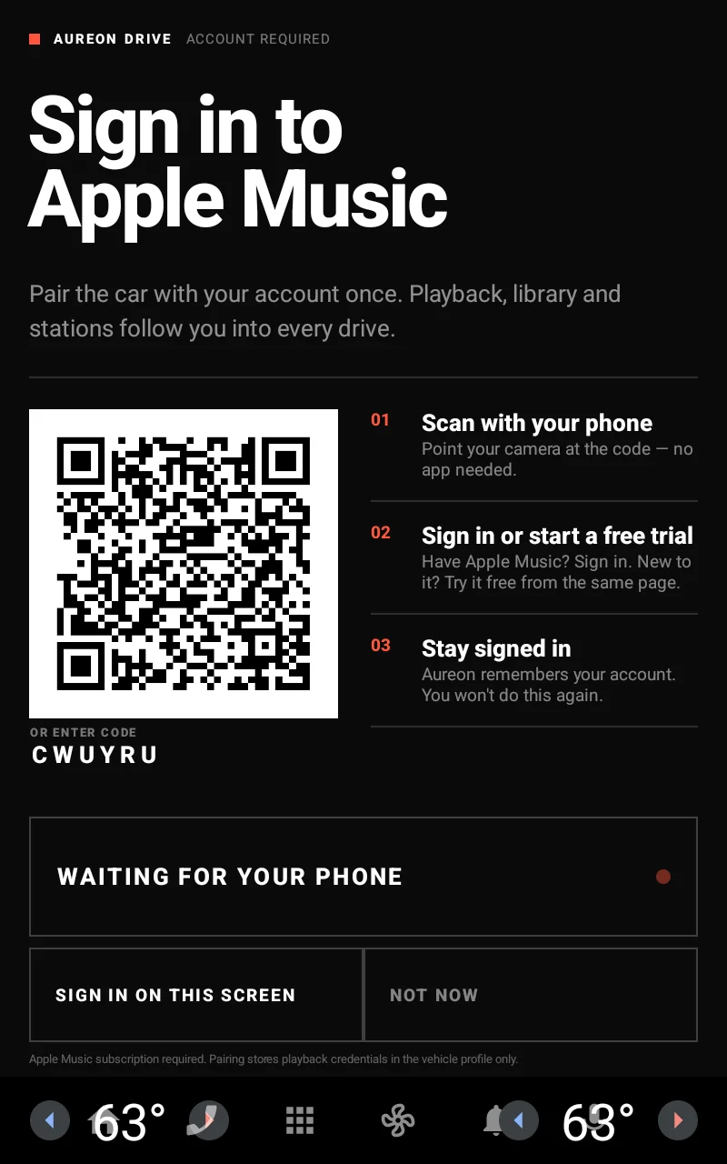 The QR sign-in screen on a portrait car display